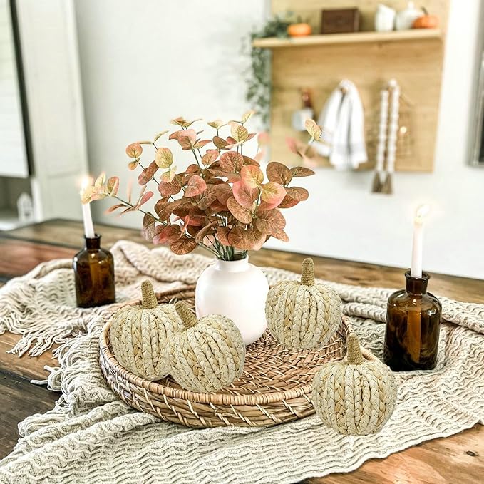 naturevibe 5.3 Inches Braided Cornhusk Pumpkin Decor Set of 4 as Centerpieces for Tables,Natural Corn Stalks Woven Pumpkins for Fall Home Decor,Thanksgiving Decorations or Autumn Harvest Gifts