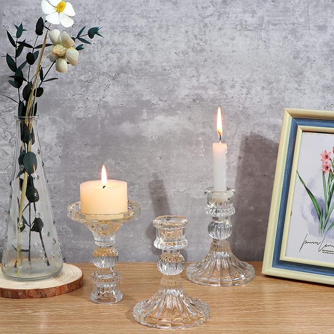 Candlestick Holders Set, 4" H Taper Candle Holders Bulk, 12Pcs Glass Candle Holders for Wedding, Festival, Party & Windowsill Decor