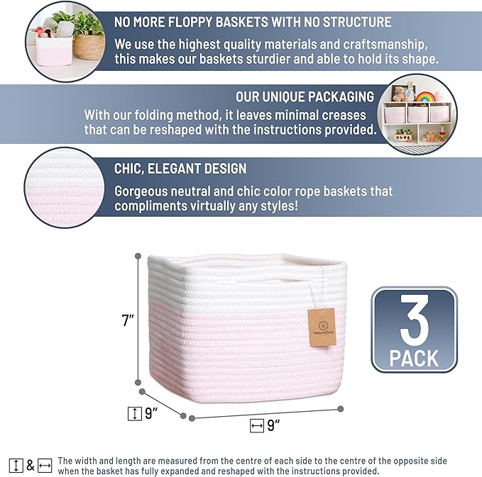 NaturalCozy Storage Cubes 9”x9”x7”Cotton Rope Woven Baskets for Organizing 3-Pack | 9 Inch Cube Storage Bin | Small Basket for Shelf Nursery, Pantry, Decorative Plant, Bathroom Closet, Toy Gift