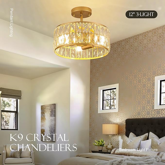 12” 3-Light Modern Crystal Chandeliers Gold Dinning Room Light Fixture, Round Pendant Light Kitchen Island Chandelier, Flush Mount Ceiling Light for Living Room Entryway Bedroom Foyer
