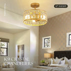 12” 3-Light Modern Crystal Chandeliers Gold Dinning Room Light Fixture, Round Pendant Light Kitchen Island Chandelier, Flush Mount Ceiling Light for Living Room Entryway Bedroom Foyer
