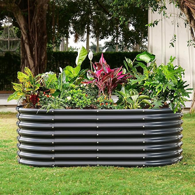 Land Guard 24“ Tall Galvanized Raised Garden Bed Kit, Galvanized Planter Garden Boxes Outdoor, Oval Large Metal Raised Garden Bed for Vegetables (Dark Gray, 4×2×2ft)