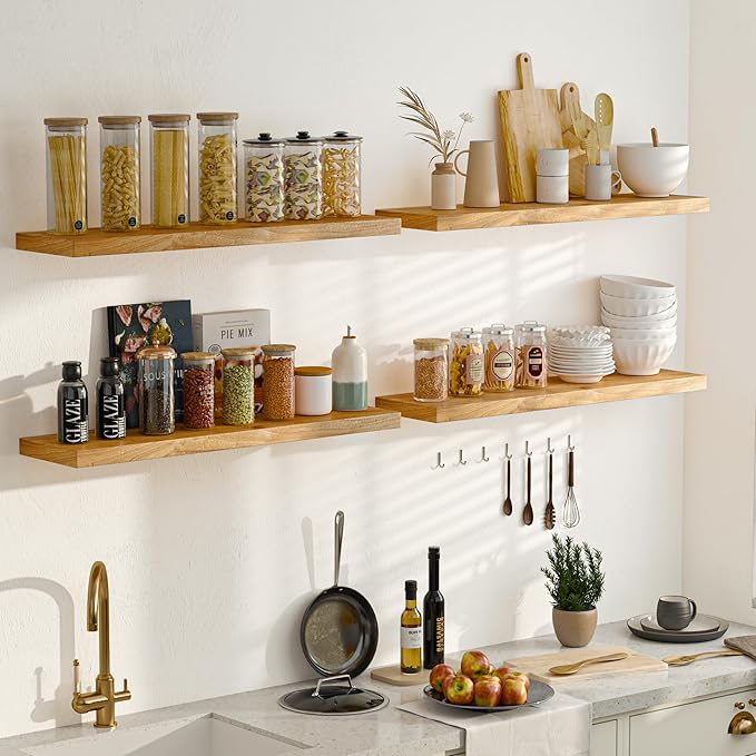 Fun Memories 72 Inch Floating Shelves for Wall, Elm Wood Floating Shelves for Home Décor, Wall-Mounted Display Shelves with Heavy-Duty Bracket, Long Floating Shelf for Kitchen, Living Room, Natural