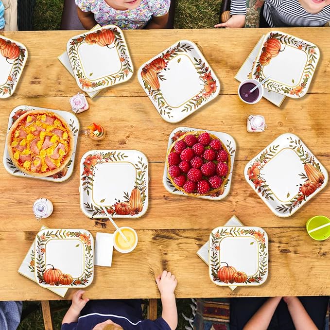 Grencian 200Pcs Fall Plates and Napkins Thanksgiving Plates Pumpkin Flower Wreath Plate Disposable Pumpkin Tableware Fall Party Supplies for Autumn Harvest Thanksgiving Party Decorations, Serves 50