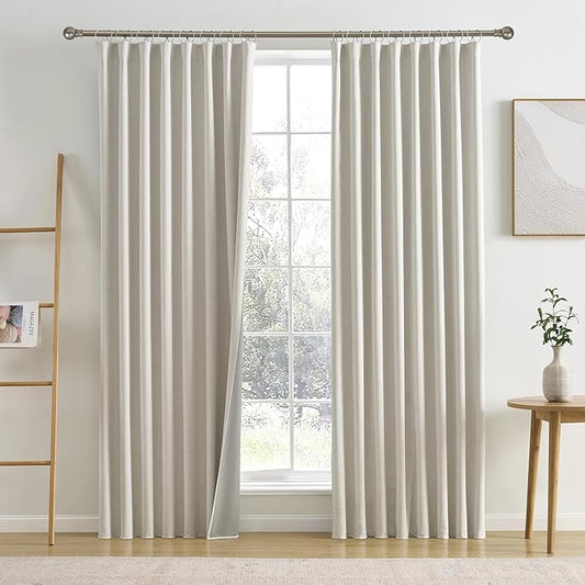 RAIN CITY Linen Blackout Curtain 90 Inches Long 2 Panels Set,Modern Neutral Black Out Hooks Drapes for Sliding Glass Door/Living Room Traverse Back Tab Cottagecore Nursery 50"x90" Natural Birch/Ivory