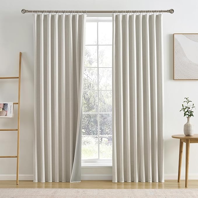 RAIN CITY Natural Birch 70 x 84 Inch Extra Wide Linen Blackout Curtains for Large Windows,Back Tab Pleaetd Drapes with Hooks Track System Curtain Panels Room Divider Curtains for Patio Sliding Door