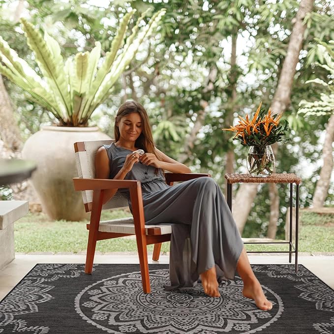 CAMILSON Outdoor Rug 6x9 Modern Area Rugs for Indoor and Outdoor Patios and Porches - Waterproof Washable Non-Shedding Easy-to-Clean Outside Carpet (6 x 9, Medallion - Dark Grey/Light Grey)