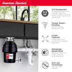 American Standard 10-US-AS-7 Garbage Disposal Anti-Jam Stainless Steel Food Waste Grinding System, Heavy Duty, 3/4 HP, Black