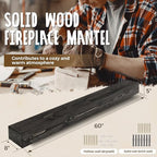 60x8x5 Fireplace Mantel - Handcrafted Hollow Rustic Solid Wood Wall Mounted Floating Shelf with Invisible Heavy Duty Wood Bracket (Weathered Black)