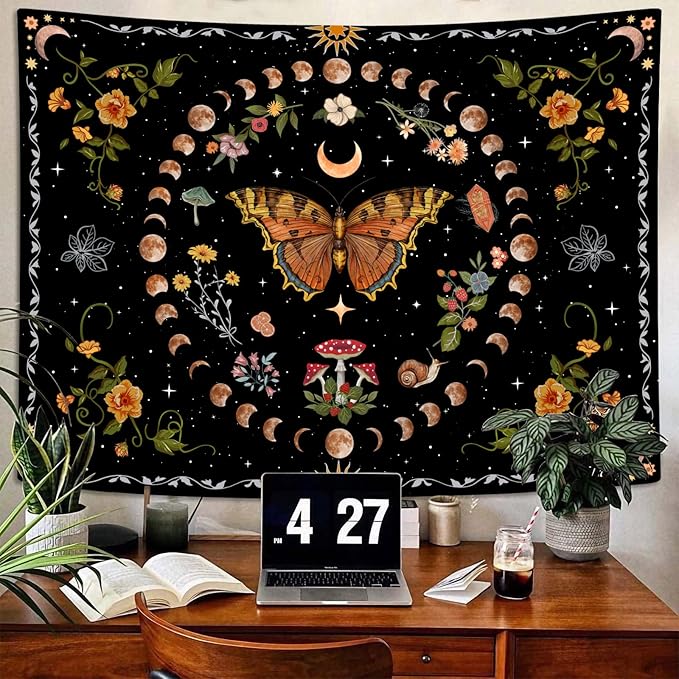 Aipon Orange Butterfly Moon Flower Tapestry Botanical Floral Plant Boho Tapestry for Bedroom Aesthetic Vintage Tapestries Wall Hanging for Living Room Dorm (44.00'' × 60.00'', Orange)