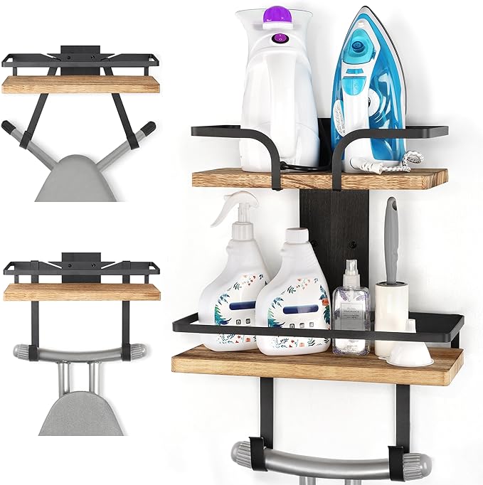 VINAEMO Ironing Board Hanger Wall Mount, 2-Layer Iron and Ironing Board Holder, Laundry Room Shelves Solid Wood with Removable Hooks Home Organization and Storage