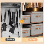 Tuza 2 Pack Storage Bins with Lids, Collapsible Closet Organizer Container, Fabric Organizer Box with Handles, Decorative Storage Boxes with Lids for Organizing Clothes, Blanket, Light Grey, Medium