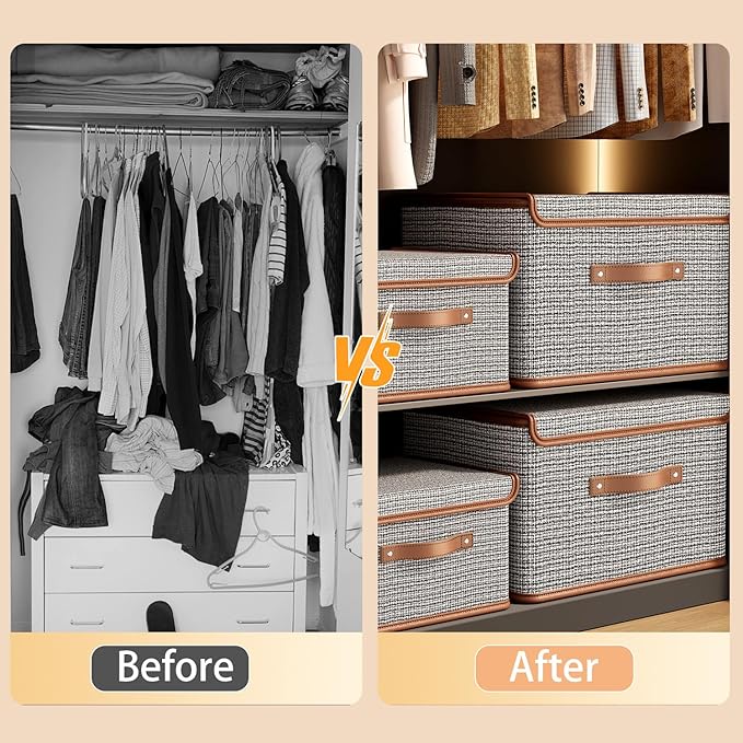 Tuza 4 Pack Storage Bins with Lids, Collapsible Closet Organizer Container, Fabric Organizer Box with Handles, Decorative Storage Boxes with Lids for Organizing Clothes, Blanket, Light Grey, Medium