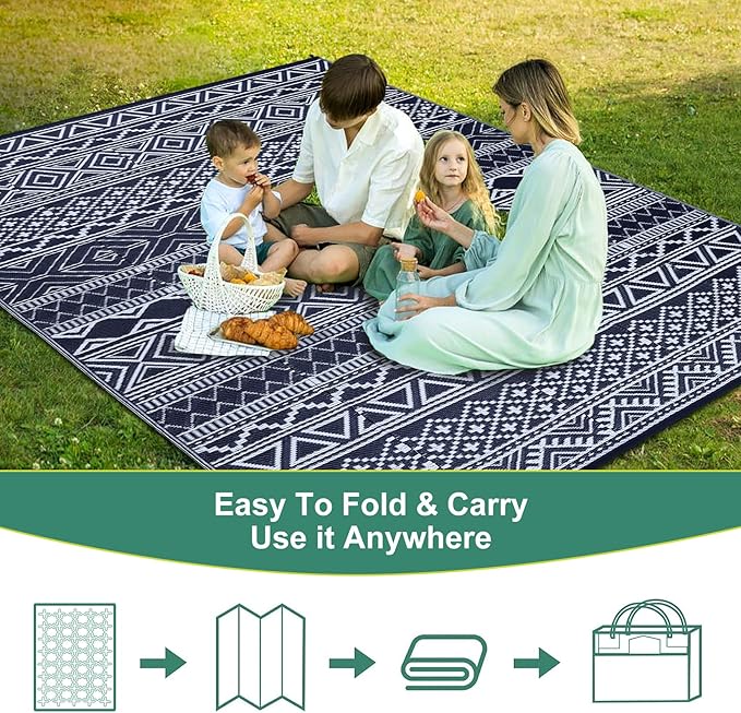 GAOMON Outdoor Rugs Patio Camping Waterproof Rug 6'x9' Plastic Straw Patio Rug Portable for Campers, Outside RVs Mat for Patios Clearance, Backyard Porch, Balcony, Dark Blue/White(Bohemia)