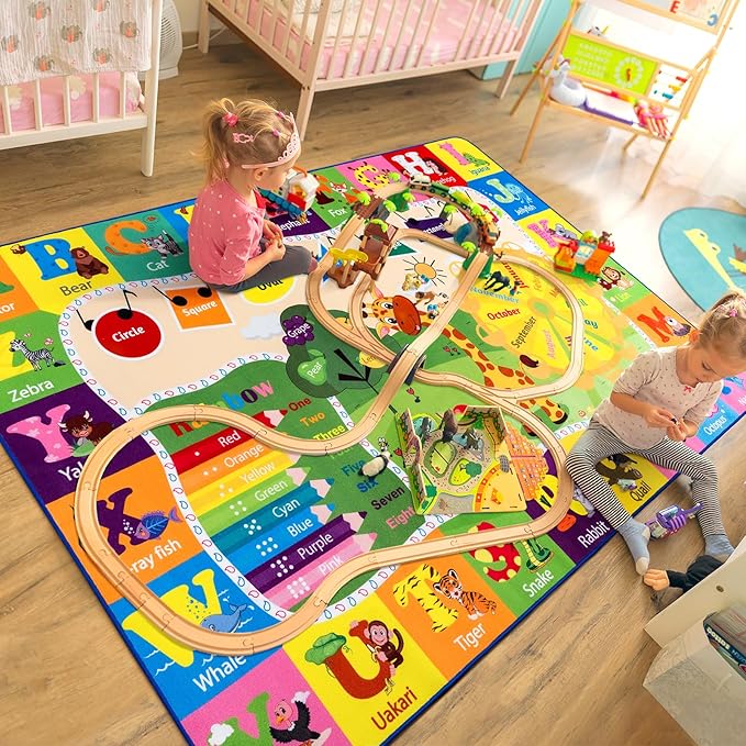 7x10 Playroom Rugs for Kids Washable, Educational and Fun Playmat with ABC Alphabet Animals Shapes Colors, Non-Slip Play Mat Learning Rugs for Baby Toddler Children Game Activity