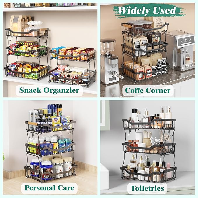Giwil 3 Tier Countertop Fruit Basket for Kitchen, Vegetable Storage Bread Fruit Bowl Stand with 2 Banana Hooks, Wall Mounted Metal Wire Basket Organizer for Potato Onion, Black
