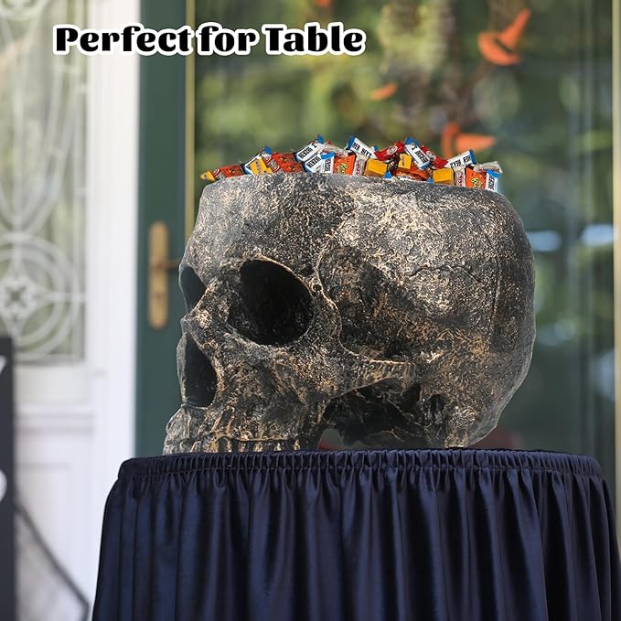 7lb Capacity Extra Large Halloween Skull Candy Dish - Deep Skull Head Halloween Candy Bowl Holder Artificial Resin Skulls Decor Indoor Outdoor Table Centerpieces Flower Pot Plant Office Pen Holder