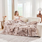 Lotus Karen Faux Fur Throw Blanket Tie-Dye Beige - Big Bubble Rabbit Fluff Blanket for Couch, Large Fluffy Fuzzy Cozy Blankets,Thick Furry Plush Shaggy Blankets,90x90 Inches
