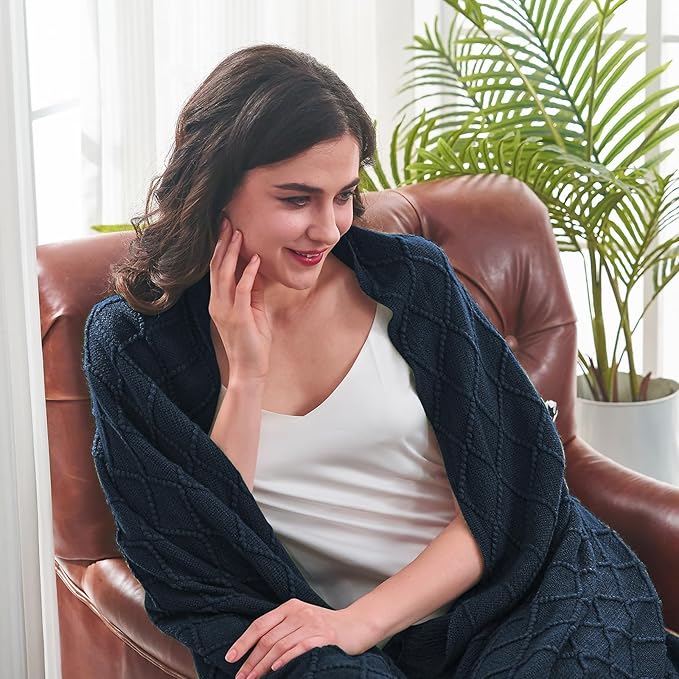 inhand Knitted Throw Blankets for Couch and Bed, Soft Cozy Knit Blanket with Tassel, Dark Blue Lightweight Decorative Blankets and Throws, Farmhouse Warm Woven Blanket for Men and Women, 50"x60"