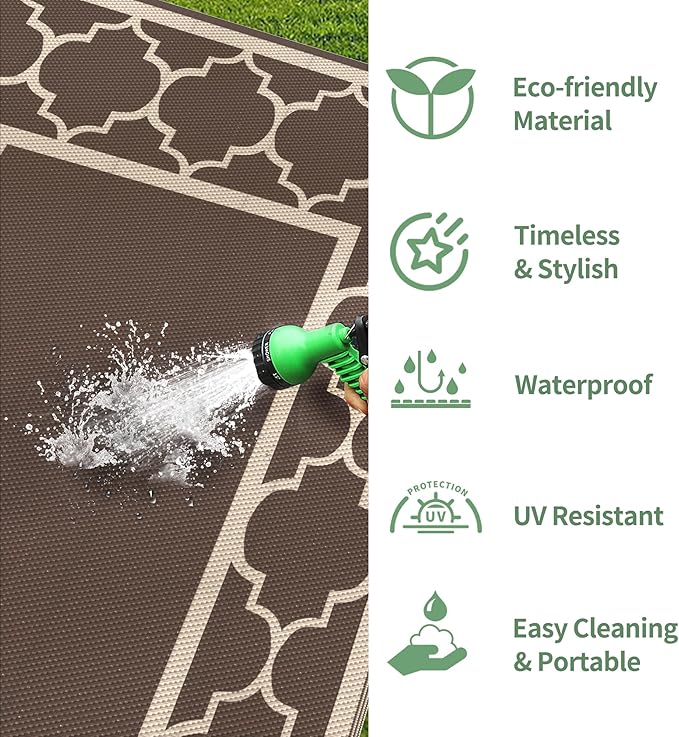 GENIMO 9' x 12' Outdoor Rug Waterproof for Patio Decor, Foldable Reversible Plastic Straw Area Rugs Mat for Camper, Outside Carpet for Rv, Deck, Porch, Picnic, Beach, Balcony, Coffee & Beige