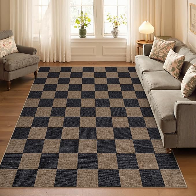 Lahome Checkered Easy Jute Living Room Rugs, 5x7 Black Dining Room Office Rug Farmhouse Washable Carpet, Checkerboard Neutral Non Slip Indoor Outdoor Carpet for Bedroom Entry Patio