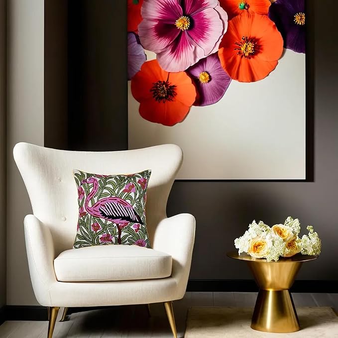 William Morris Flamingo Floral Pillow Cover - Hand Embroidered Modern Flower Pillowcase, Outdoor Cushion, Suzani Farmhouse Chair Throw, Couch Cushions - Wool, Size 18x18
