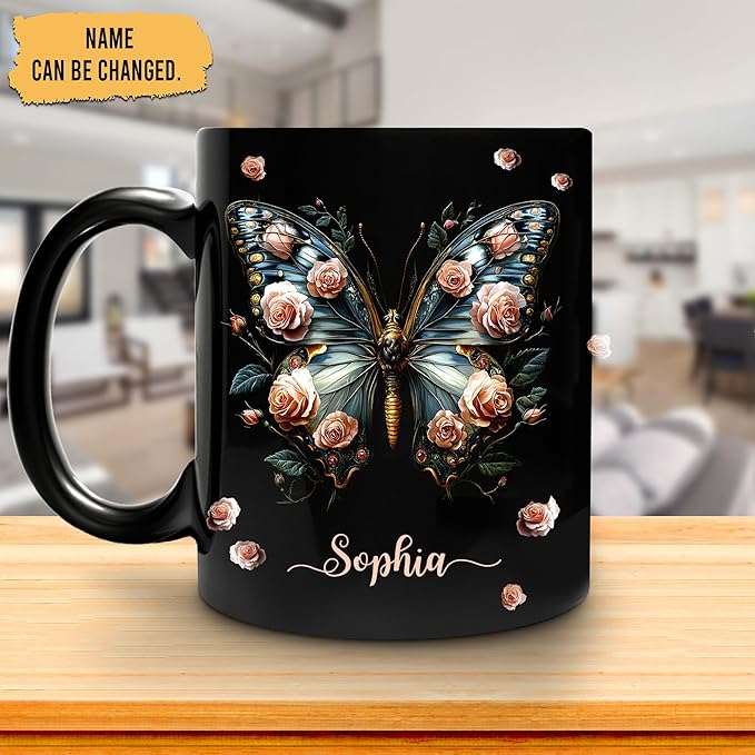 Hyturtle Personalized Butterfly 2D Print Mug - Butterfly Gifts For Women Lovers - Animal Gift For Bird Lover Her - Bird Gifts For Mom on Mother Day - Custom Name Coffee Cup Ceramic Mug 11 Oz 15 Oz