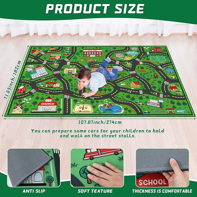 Kids Carpet Playmat Rug 6 x 9 ft Player Car Rug, City Life Traffic Road Map Mat Educational Game Area Mat for Toddler Children Playroom Classroom Bedroom(Green)