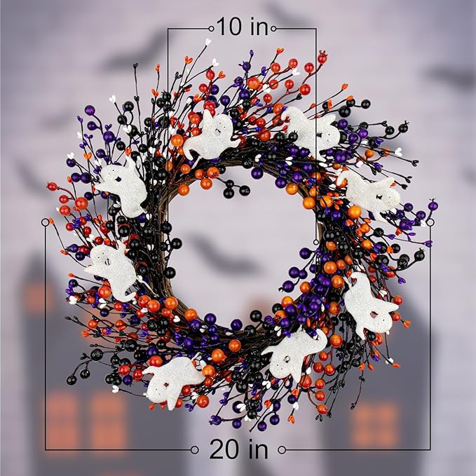 20-Inch Halloween Wreath - Handmade Orange & Black Berry Wreath with Adorable Mini Ghosts, Spooky Front Door Decor for Halloween Party