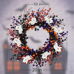 20-Inch Halloween Wreath - Handmade Orange & Black Berry Wreath with Adorable Mini Ghosts, Spooky Front Door Decor for Halloween Party