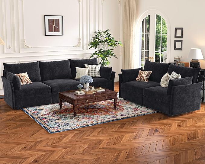 Oversized Loveseat Sofa, Modern Modular Sectional Couch Black Fluffy Chenille Mid Century 2-Seat 24.5" Deep Seat for Apartment, Living Room, Bedroom