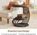 Tribesigns Round End Side Table: Side Table with 2 Tiers Storage Shelves, Vintage End Table for Living Room, Small Bedside Table Accent Table with Arc-Shaped Frame, Light Brown