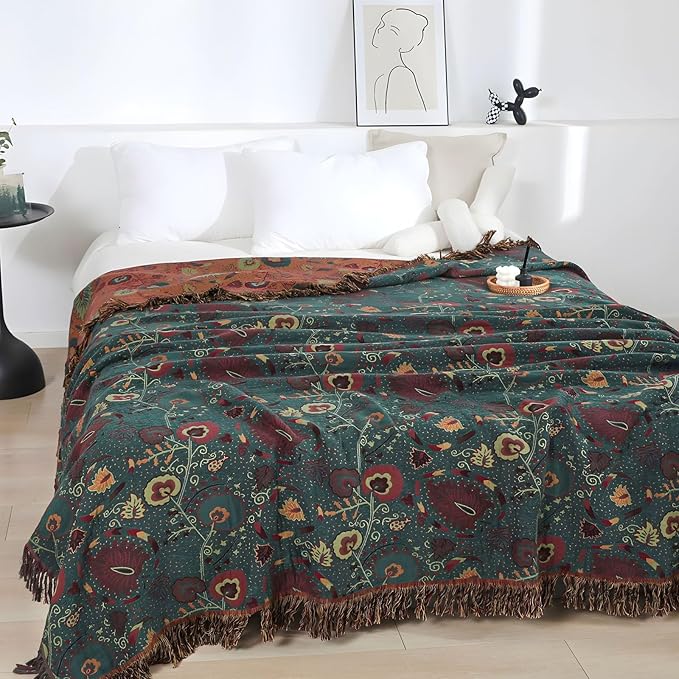 Boho Throw Blanket for Bed - 100% Pure Cotton Ultra Soft Rustic Quilt - Farmhouse Decor Bed Blankets, All Season Rustic Throw for Sofa Couch Chair(91''x 98'', Floral)