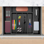 VaeFae Bamboo Drawer Organizer, Expandable Silverware Drawer Organizer, Cutlery Tray with Dividers for Kitchen Utensils (Black, Medium)