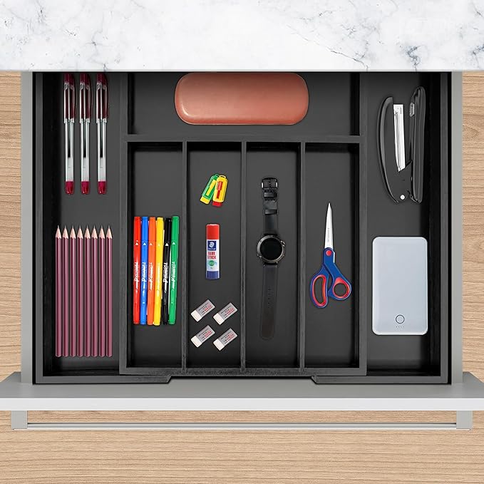 VaeFae Bamboo Drawer Organizer, Expandable Silverware Drawer Organizer, Cutlery Tray with Dividers for Kitchen Utensils (Black, Medium)