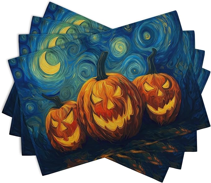 Halloween Placemats Set of 4 Pumpkin Vincent Van Gogh Starry Night Art Linen Table Mats 12x18 Inch Jack O Lantern Farmhouse Place Mats for Party Kitchen Dining Outdoor Indoor Decor