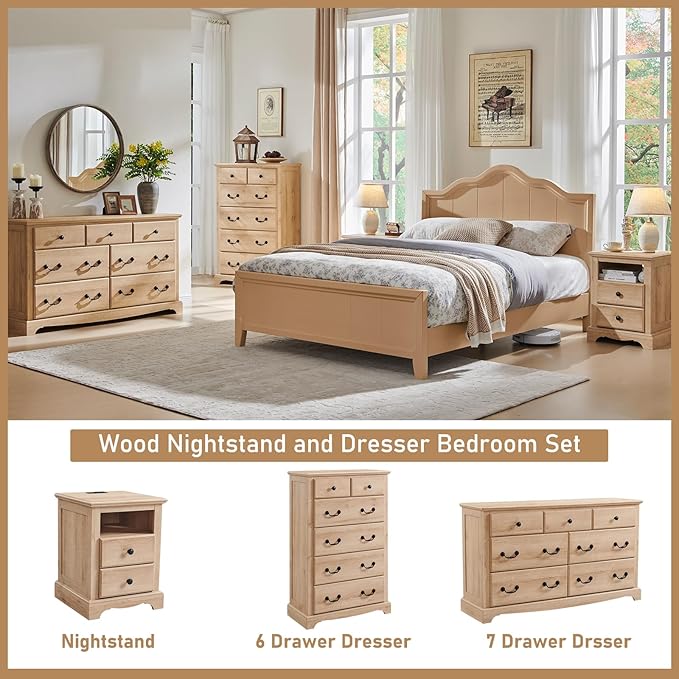T4TREAM 7 Drawers Dresser Chests for Bedroom, Wood Vintage Chests of Drawers, Rustic Dressers Chset Organizer for Bedroom, Living Room, Hallway, Natural Oak