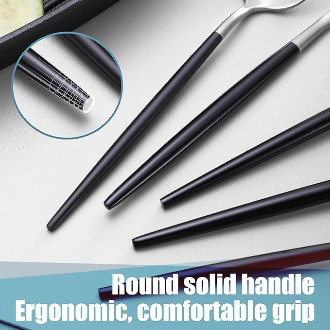 Matte Black Silver Silverware Set for 4,Modern Stainless Steel Brushed Cutlery Set,20-Pieces Heavy Duty Flatware Set,Knives Spoons and Forks Set Utensils Set, Satin Finish, Dishwasher Safe