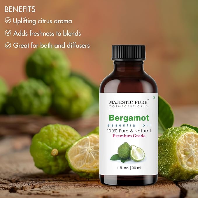 Majestic Pure Bergamot Essential Oil with Glass Dropper - 1 Fl Oz - 100% Pure and Natural Bergamot Oil - Premium Grade Essential Oils for Diffuser, Aromatherapy, Soap and Candle Making