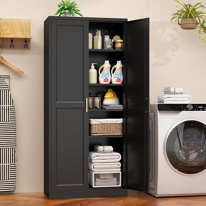 71" Tall Metal Pantry Cabinet, Black Kitchen Pantry Storage Cabinet with 4 Adjustable Shelves and Gold Handles, Cupboard for Kitchen, Dining Room, Living Room, Bathroom