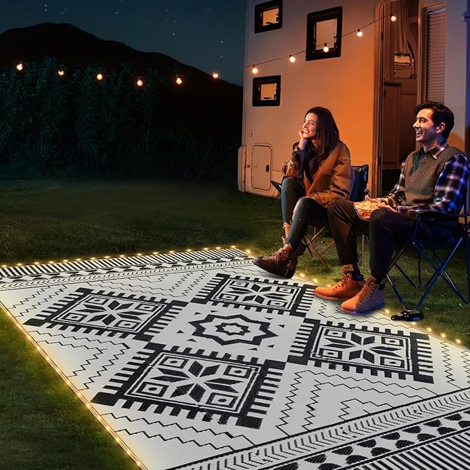 6x9ft Waterproof Outdoor Rug with LED Lights, Boho Reversible Plastic Straw Mat for Patio RV Camping Picnic Balcony Beach Deck Indoor Outdoor Carpet, Black&White