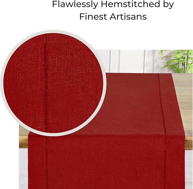 D'Moksha Homes Red Linen Table Runner 48 Inches Long - 100% Pure Linen Diamond Table Runner 14 x 48 Inch for Dining, Fall and Halloween - Machine Washable