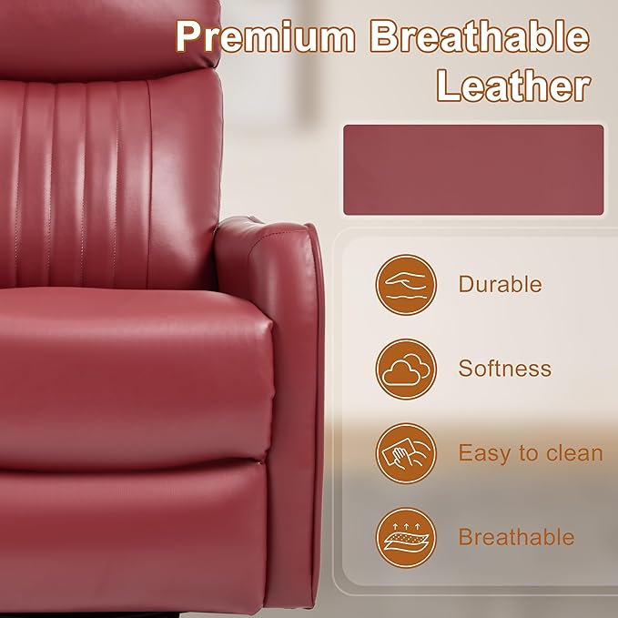 Manual Swivel Rocker Recliner Chair for Adults, Overstuffed Reclining Glider Chair for Nursing with Vibration Massage & Heat, Living Room Rocking Recliner 2-Stage backrest, Faux Leather Red