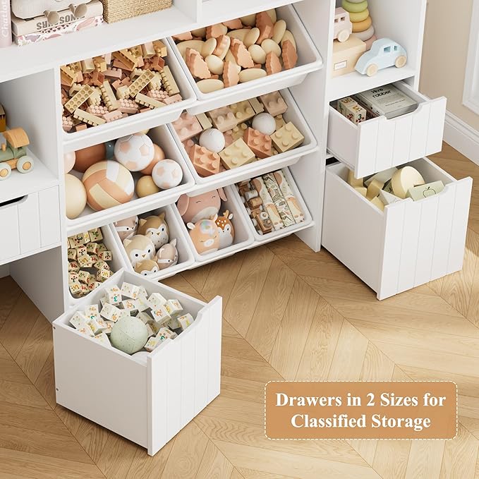 HORSTORS 55" W Toy Storage Organizer with Drawers, Large Kids Toy Storage Box with Removable Bins, Tall Kids Bookshelf and Bookcase for Boys and Girls, Modern Toy Chest for Playroom, Classroom, White