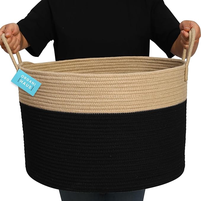 OrganiHaus Woven Laundry Basket, Large Cotton Rope Blanket Holder with Handles, Soft & Sturdy Nursery Hamper, Decorative Toy Bin for Living Room Organization 20x13 inches - Black/Honey