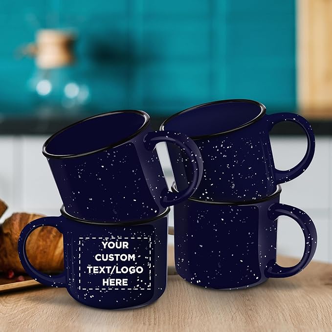 DISCOUNT PROMOS Custom Ceramic Campfire Coffee Mugs 13 oz. Set of 100, Personalized Bulk Pack - Perfect for Tea, Espresso, Cappuccino, Hot Cocoa - Blue