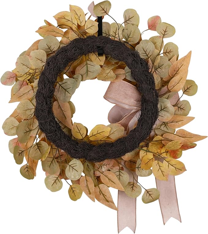 Fall Wreath for Front Door 24 Inch, Autumn Colored Faux Leaves Wreath with Bow, Simple & Minimalist Fall Decoration for Home Farmhouse Door Wall Window Indoor/Outdoor