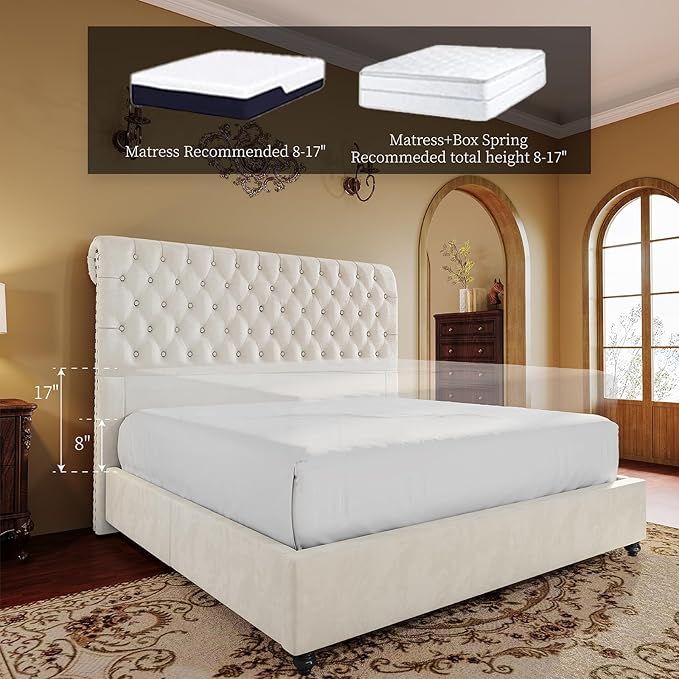 PaPaJet Bed Frame Queen Size Upholstered Platform Bed with 52.8'' Tall Sleigh Headboard, Button Tufted, No Box Spring Needed, Easy Assembly, Cream
