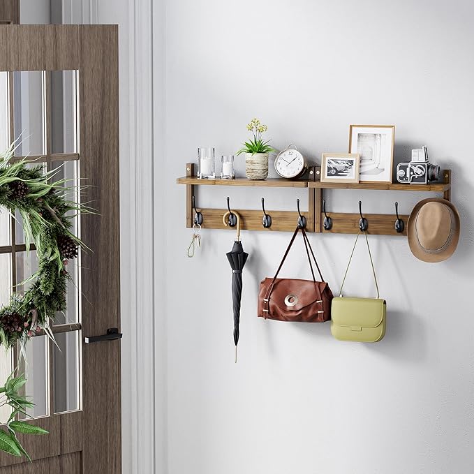 Coat Rack with Shelf Wall Mount, Entryway Bamboo Hanging Shelf, Set of 2, Wall Hook Rail for Hallway Décor, Storage Clothe, Hat, Robe, Key, Dog Leash (Walnut)