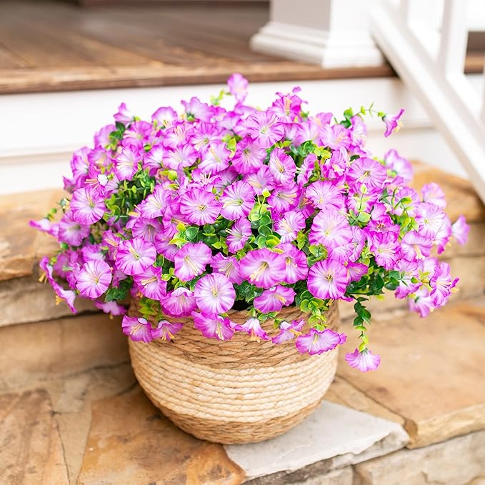 Artificial Flowers for Outdoors Fake Plants Outside Decoration, 12 Bundles Silk Purple Morning Glory UV Resistant Look Real Faux Flowers for Planter Front Door Porch Patio Yard Gardens Home